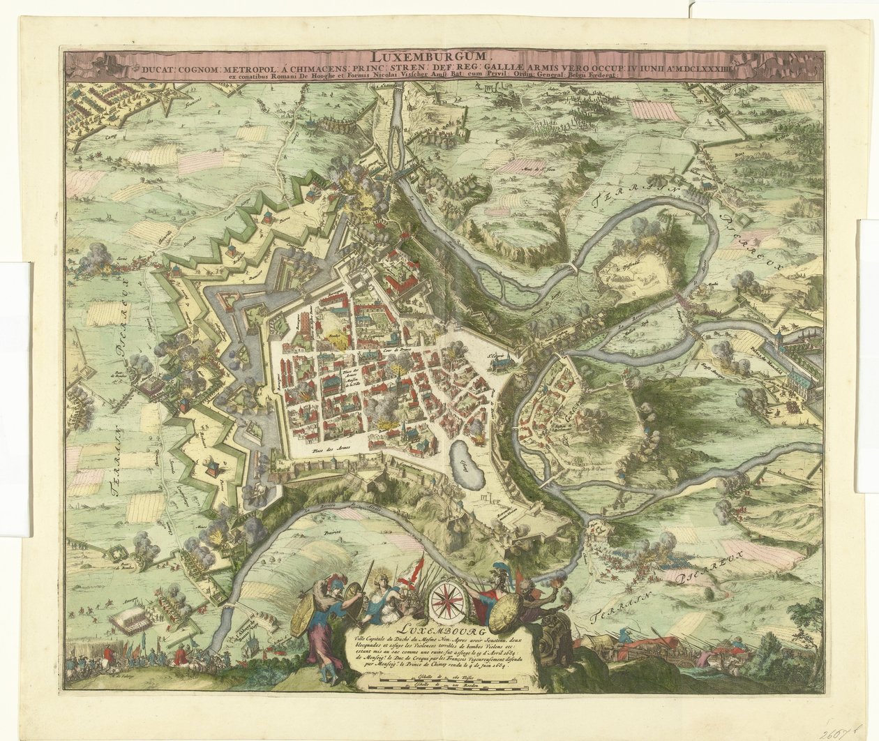 Bombardowanie furgonetki Luxemburg door de maarschalk de Créquy, 1684 Luksemburg, ołów. nazwisko metropolia książę chimacens napięcie pok. reg. Ale zajęły go ramiona Galii. 4 czerwca Ao. 8834 (tytuł na obiekcie) autorstwa Romeyn de Hooghe