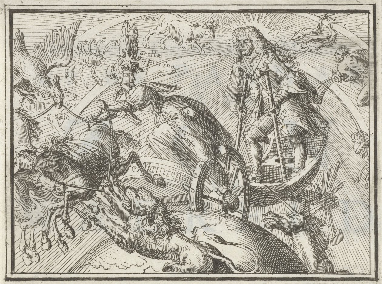 Karykatura przedstawiająca Ludwika XIV jako Apolla w jego rydwanie, 1701 autorstwa Romeyn de Hooghe