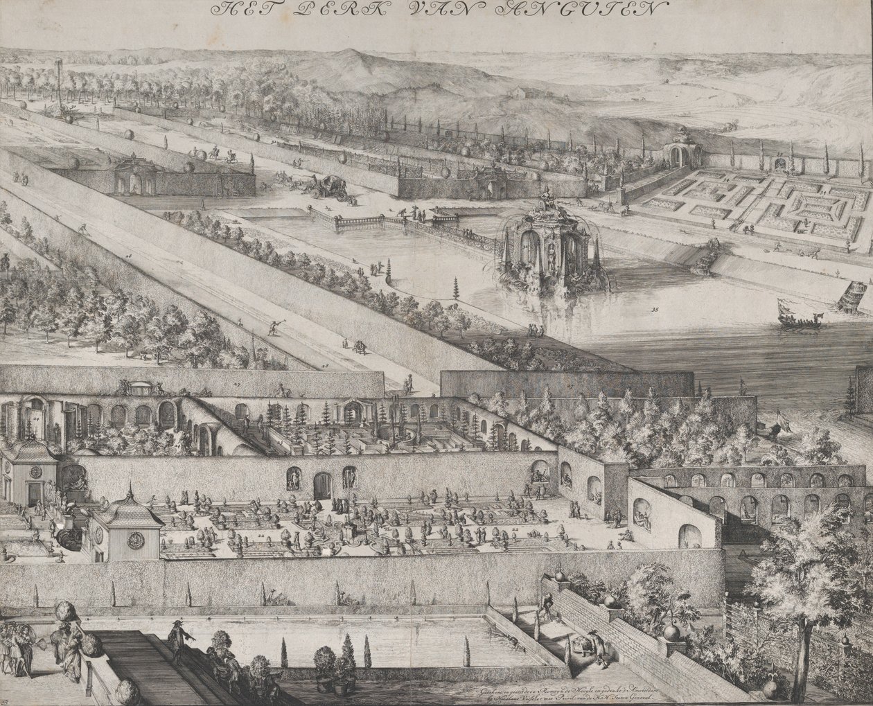 Fragment parku w prawej połowie Enghien, 1685. autorstwa Romeyn de Hooghe