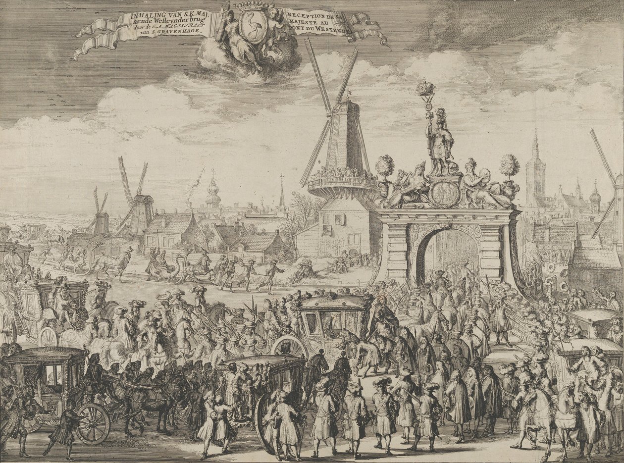 Wejście Wilhelma III do Hagi Inhaling van S.K. Maj. aende Westeynder brug door ..., 1691. autorstwa Romeyn de Hooghe