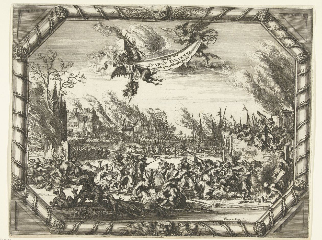 Francuskie okrucieństwa w Bodegraven i Zwammerdam, 1672 Spiegel der France Tirannye w Hollantsche Dorpen (tytuł na obiekcie) autorstwa Romeyn de Hooghe