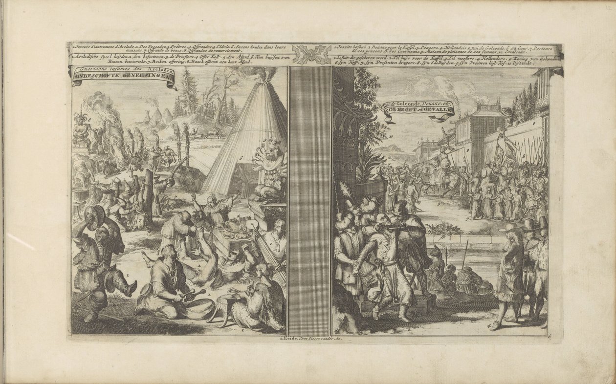 Lekarze w Arcladzie; Jezuita ogolony przez mytnika w Golkonda Guerisons infames des Arclades / Rude Healings // Roi de Golconde, Douane, etc / Tolrecht, en Cases (tytuł na obiekcie) Les Indes Orientales et Occidentales et autres autorstwa Romeyn de Hooghe