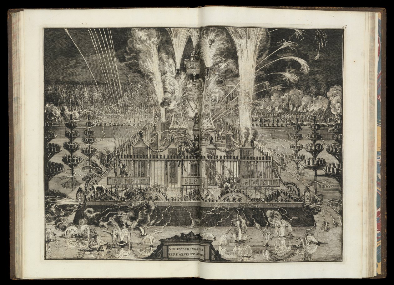 Wielki pokaz sztucznych ogni. Z "Triumfalnego powrotu Jego Brytyjskiej Mości do Holandii" (CBL AL 146, pl.67) autorstwa Romeyn de Hooghe