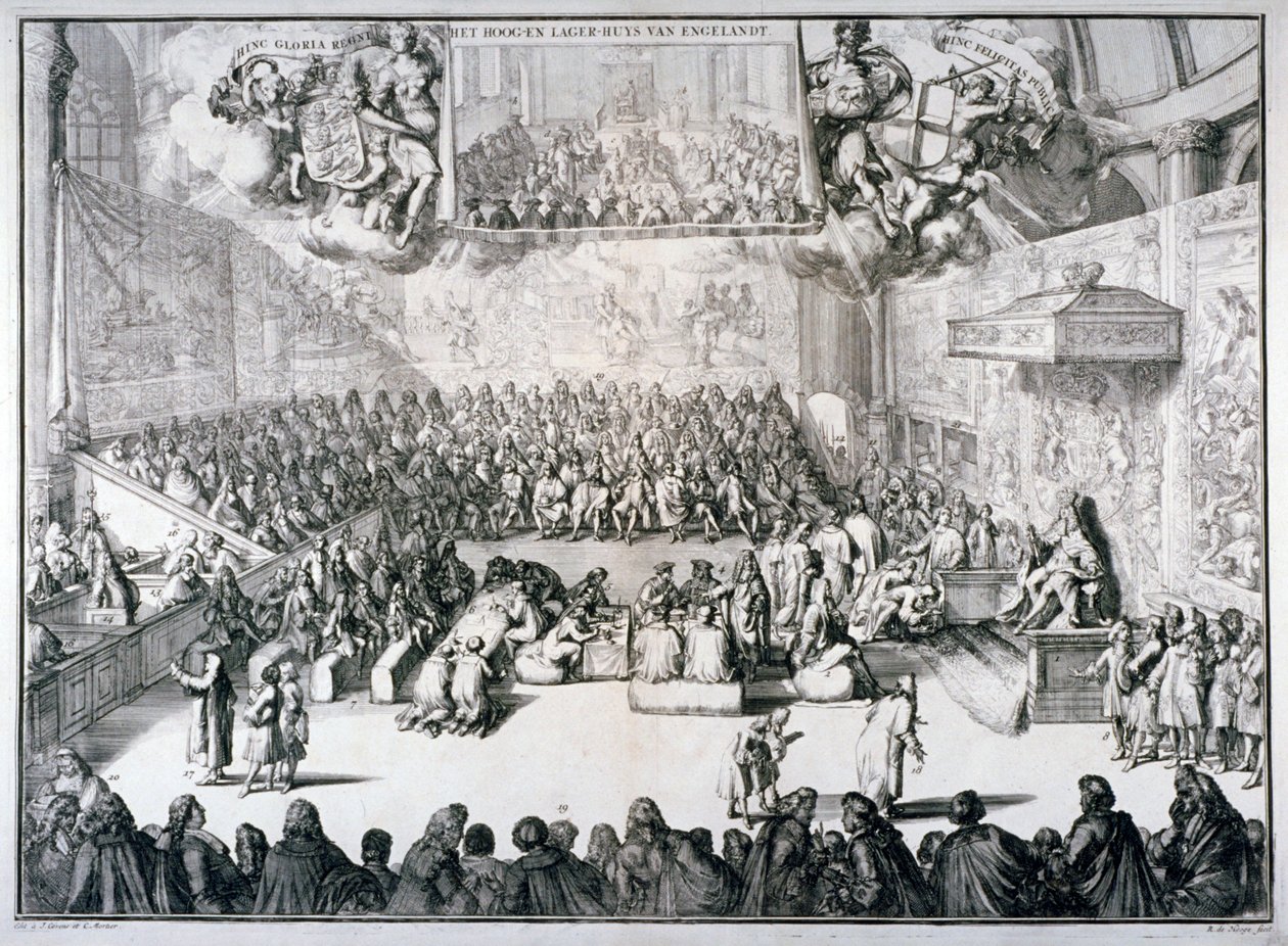„Górna i Dolna Izba Anglii”, 1689 autorstwa Romeyn de Hooghe