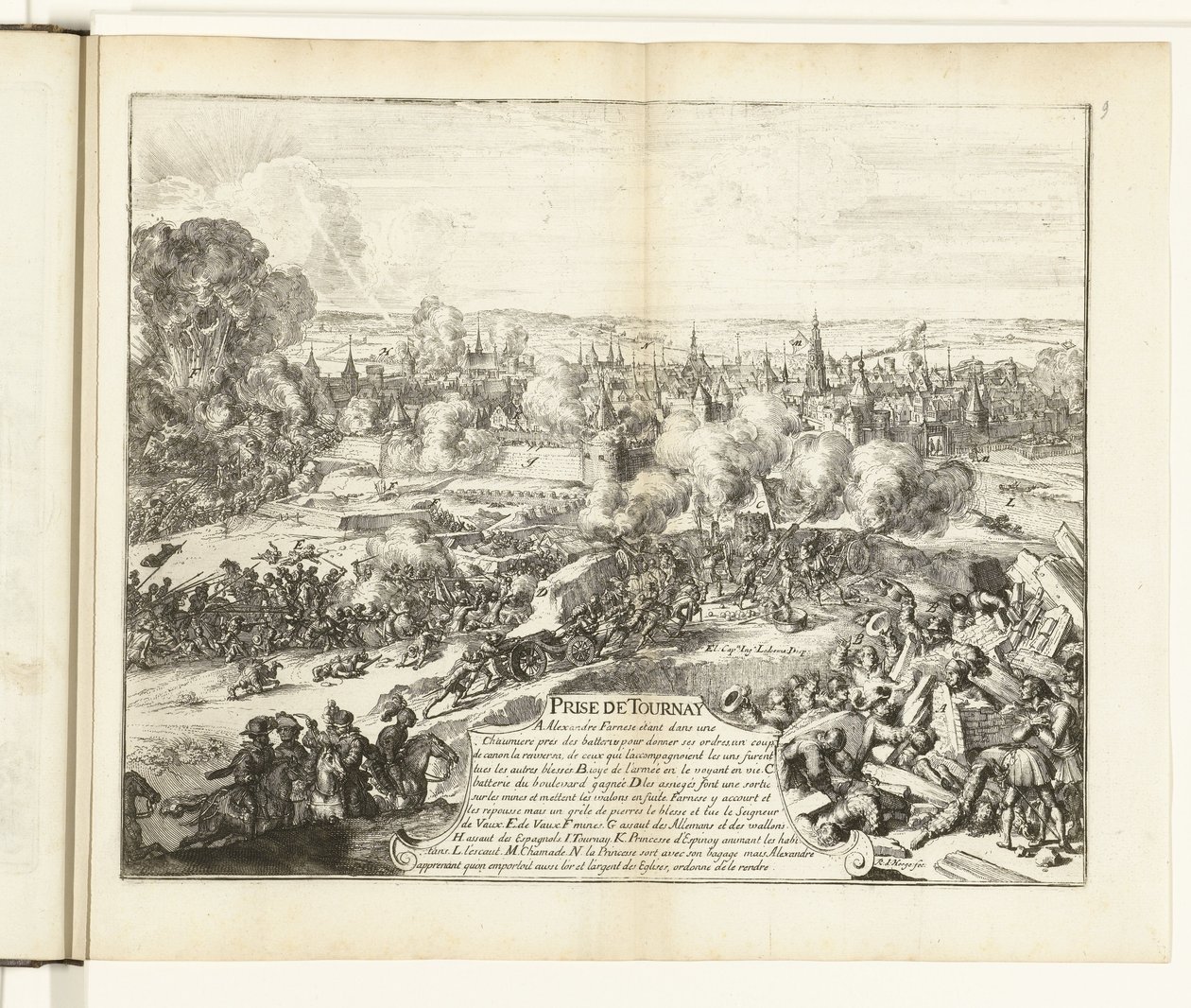Zdobycie Tournai, 1581 Prize de Tournay (tytuł na obiekcie) Guerres de Flandres (tytuł serii) autorstwa Romeyn de Hooghe