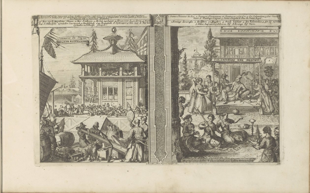 Koophandel japoński; Hof van de koning van de Calaminhans Koophandel japoński / Handel Japonii // Calaminhans Eer Pracht / Wspaniałość króla Calaminhana w Indiach Wschodnich (tytuł na obiekcie) Indie Wschodnie i Zachodnie oraz inne miejsca (seria autorstwa Romeyn de Hooghe