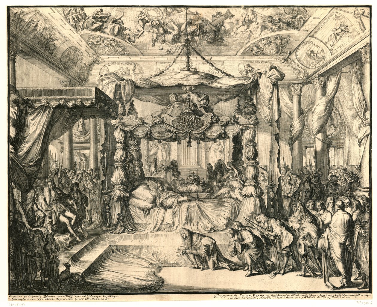 Królowa Maria II Stuart na łożu śmierci, 1695 Śmierć i pogrzeb Marii II Stuart, królowej Anglii, 1695 (tytuł serii) autorstwa Romeyn de Hooghe