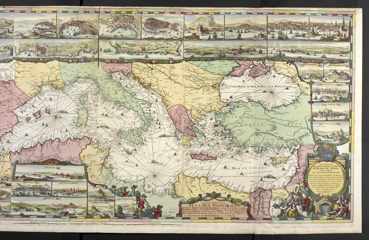 Mapa Morza Śródziemnego z alegorycznymi postaciami i potworami morskimi zdobiącymi wstawki, z „The French Neptune and Atlas Maritime and Suite du Neptune François”, autorstwa Charlesa Pene i Pietera Mortiera autorstwa Romeyn de Hooghe