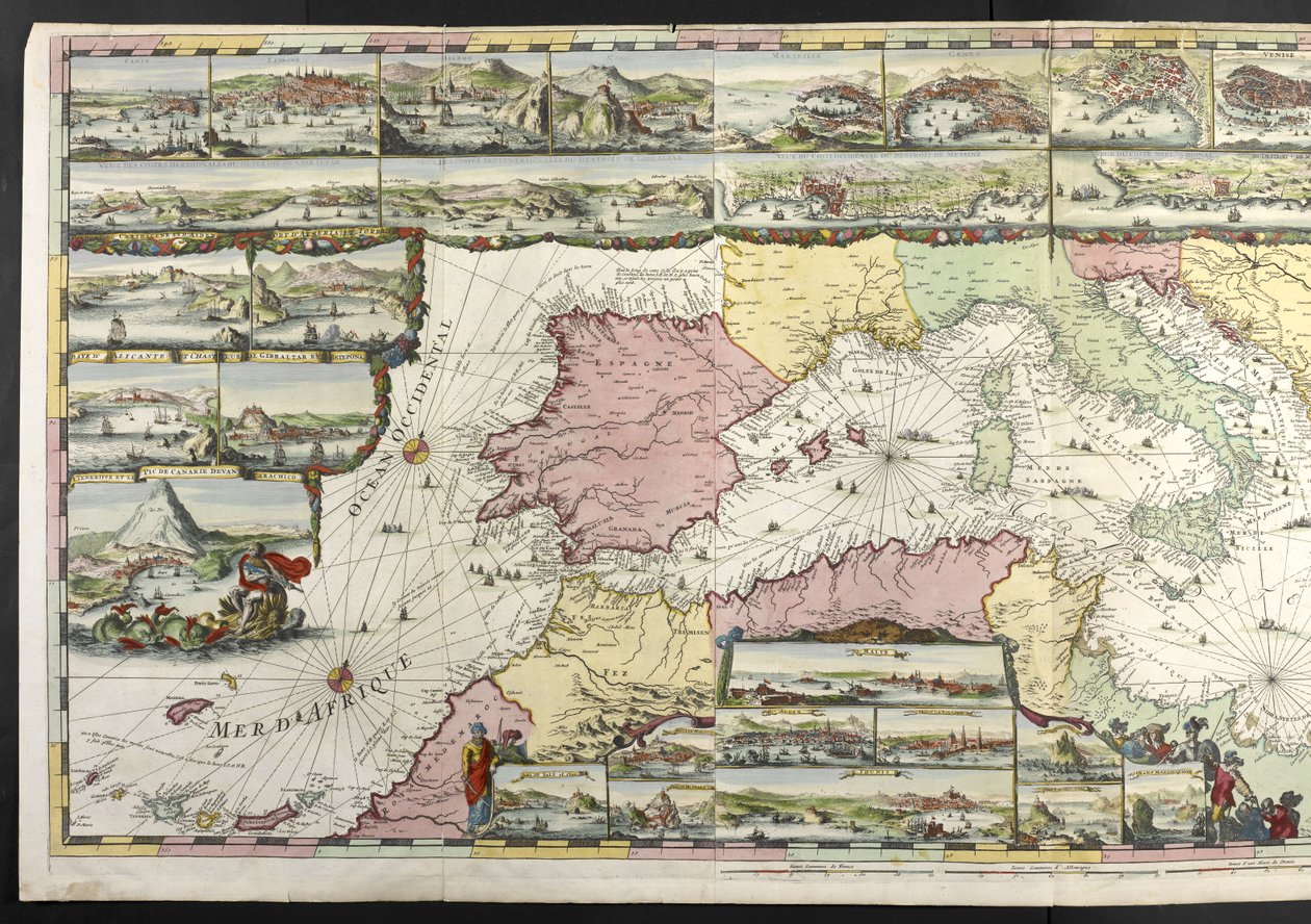 Mapa Morza Śródziemnego z alegorycznymi postaciami i potworami morskimi zdobiącymi wstawki, z „The French Neptune and Atlas Maritime and Suite du Neptune François”, autorstwa Charlesa Pene i Pietera Mortiera autorstwa Romeyn de Hooghe