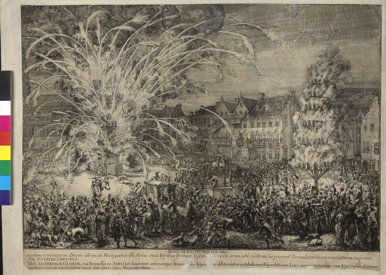 Nocne fajerwerki na ulicy Sablons w Brukseli, 1686 (akwaforta) autorstwa Romeyn de Hooghe