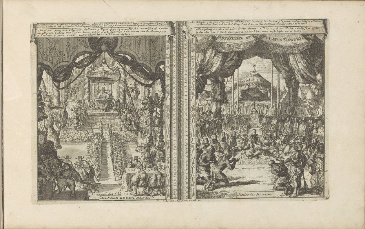 Rechtbank w Chinach w Abbesinië Chiński rechtbank / tribunal des Chinois // Abyssinise Gerichts Handel / Justice des Abissins (tytuł na obiekcie) Indie Wschodnie i Zachodnie oraz inne miejsca (tytuł serii) autorstwa Romeyn de Hooghe
