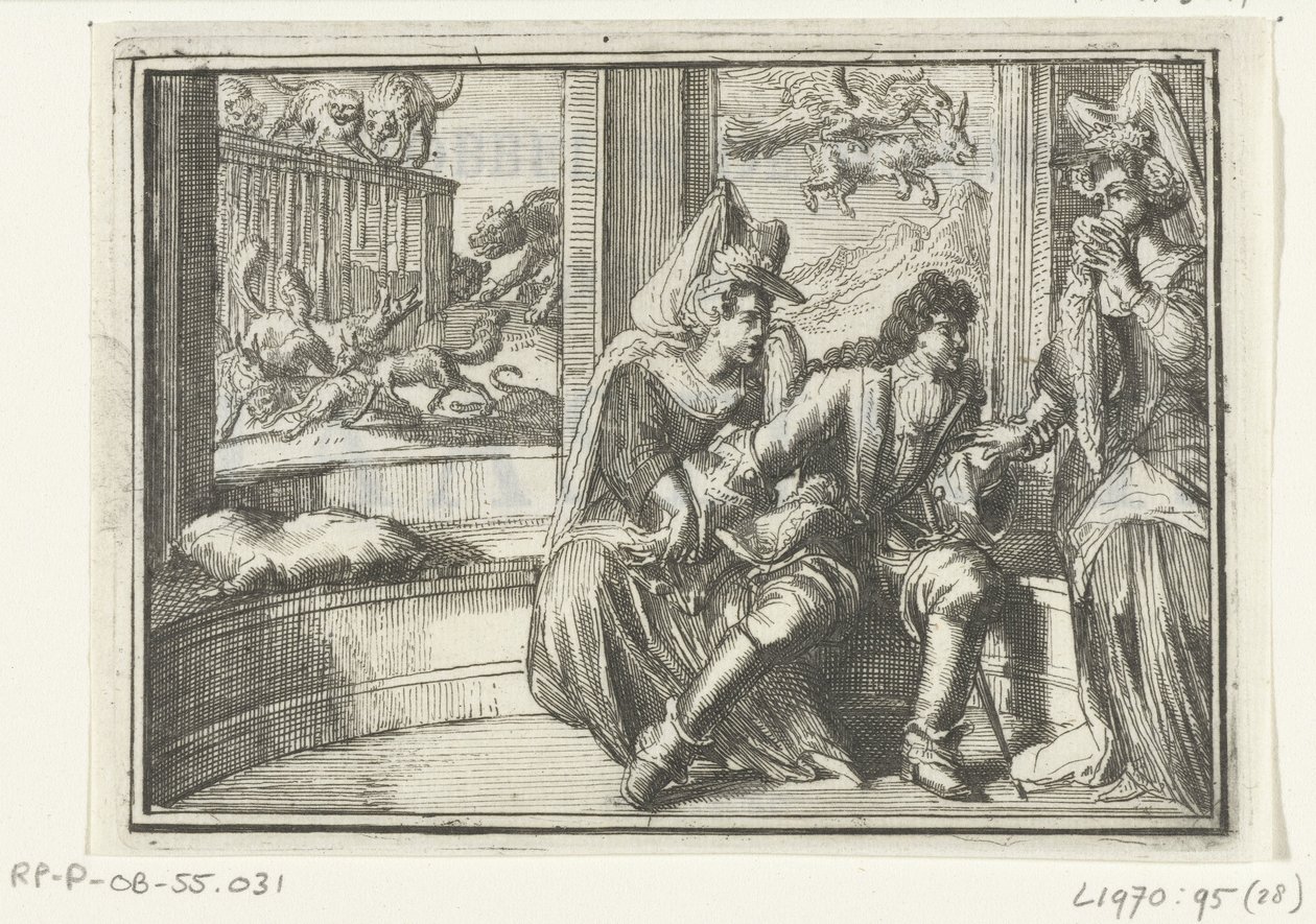 Strona tytułowa broszury: The Bump in the Guard, na Haasejagt, 1702 The Bump in the Guard, na Haasejagt (tytuł na obiekcie) Esopus w Europie (tytuł serii) autorstwa Romeyn de Hooghe