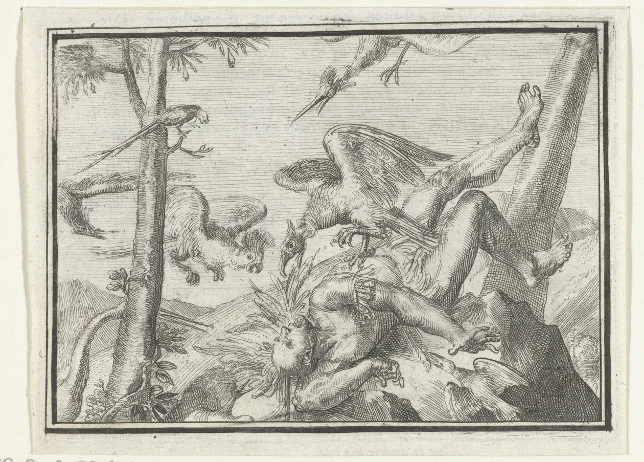 Strona tytułowa broszury: De Geplukte Tapoeijer, 1702 De Plukte Tapoeijer (tytuł na obiekcie) Esopus w Europie (tytuł serii) autorstwa Romeyn de Hooghe