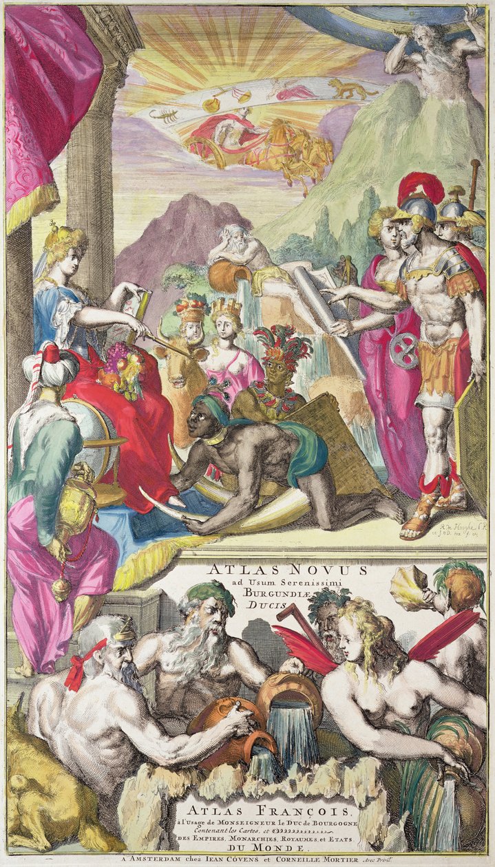 Strona tytułowa "Atlas Novus ad usum Serenissimi Burgundiae Ducis" przedstawiająca Europę przyjmującą hołd od ludów Azji, Afryki i Ameryki, ok. 1730 r. autorstwa Romeyn de Hooghe