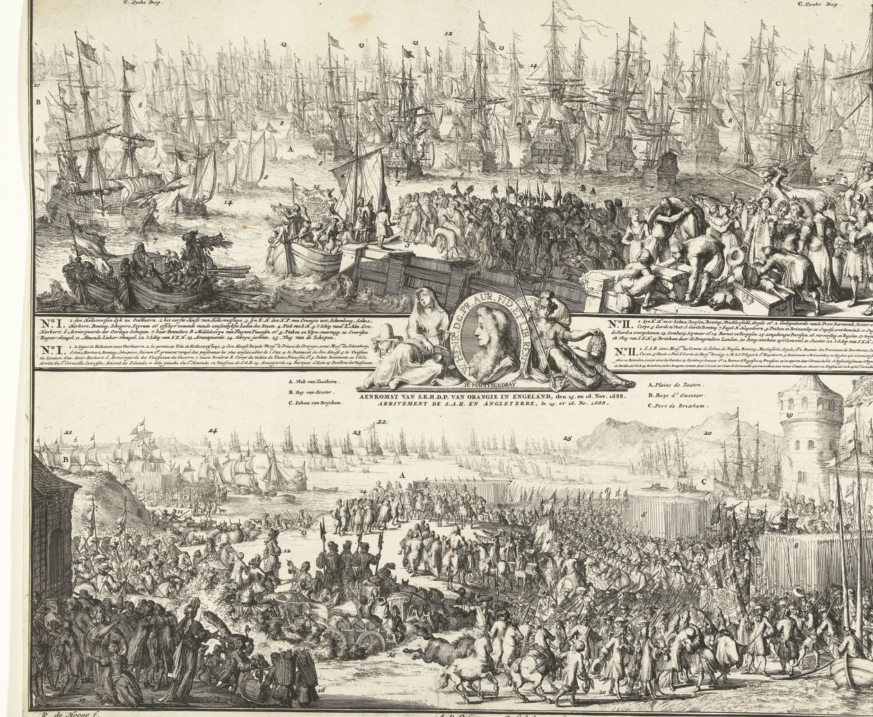 Podróż Wilhelma III do Anglii, 1688 Wyjazd S.K.H. po Anglii, 11. listopada. 1688 / Przybycie S.K.H.D.P. Orange w Anglii, 15 i 16 listopada. 1688 (tytuł na obiekcie) Departament S.A.R. wlać Angleterre