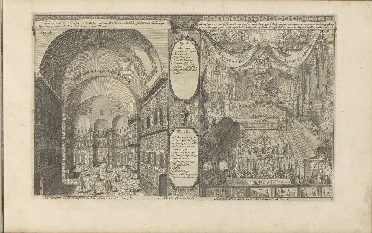 meczet turecki w Konstantynopolu; Keizerlijkhof w Chinach Turksche drwi van binnen / Wnętrze meczetu S. Sophia w Konstantynopolu // Chineese Hof Pomp / Wspaniałość dworu emp. z Chin. (tytuł na obiekcie) Indie Wschodnie i O autorstwa Romeyn de Hooghe