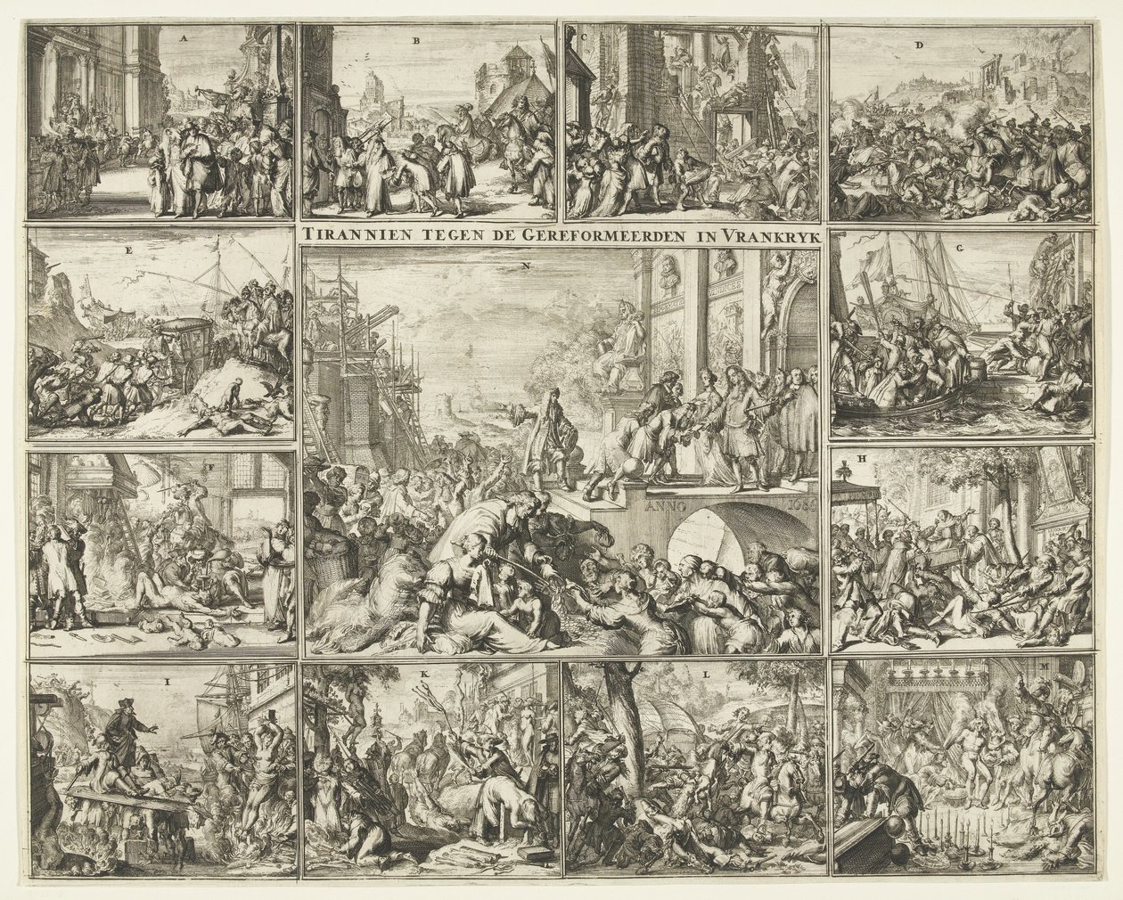 Prześladowania protestantów we Francji po odwołaniu edyktu nantejskiego, 1685-1686 Tyran przeciwko reformowanym w Vrankrijk (tytuł na obiekcie) autorstwa Romeyn de Hooghe