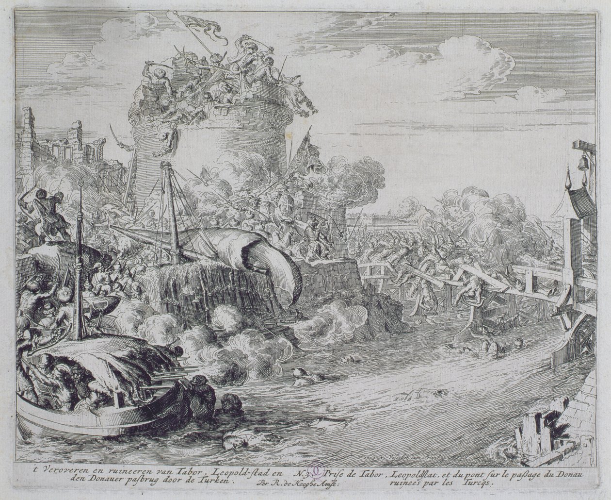 Wiedeński cykl rycin, podbój wyspy Tabor na obrzeżach Leopoldstadt, 1683 autorstwa Romeyn de Hooghe