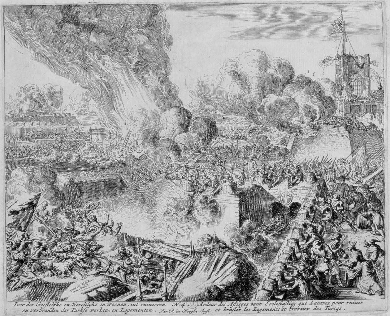 Cykl rycin wiedeńskich, Obrona fortyfikacji Wiednia przez cywilów, 1683 autorstwa Romeyn de Hooghe