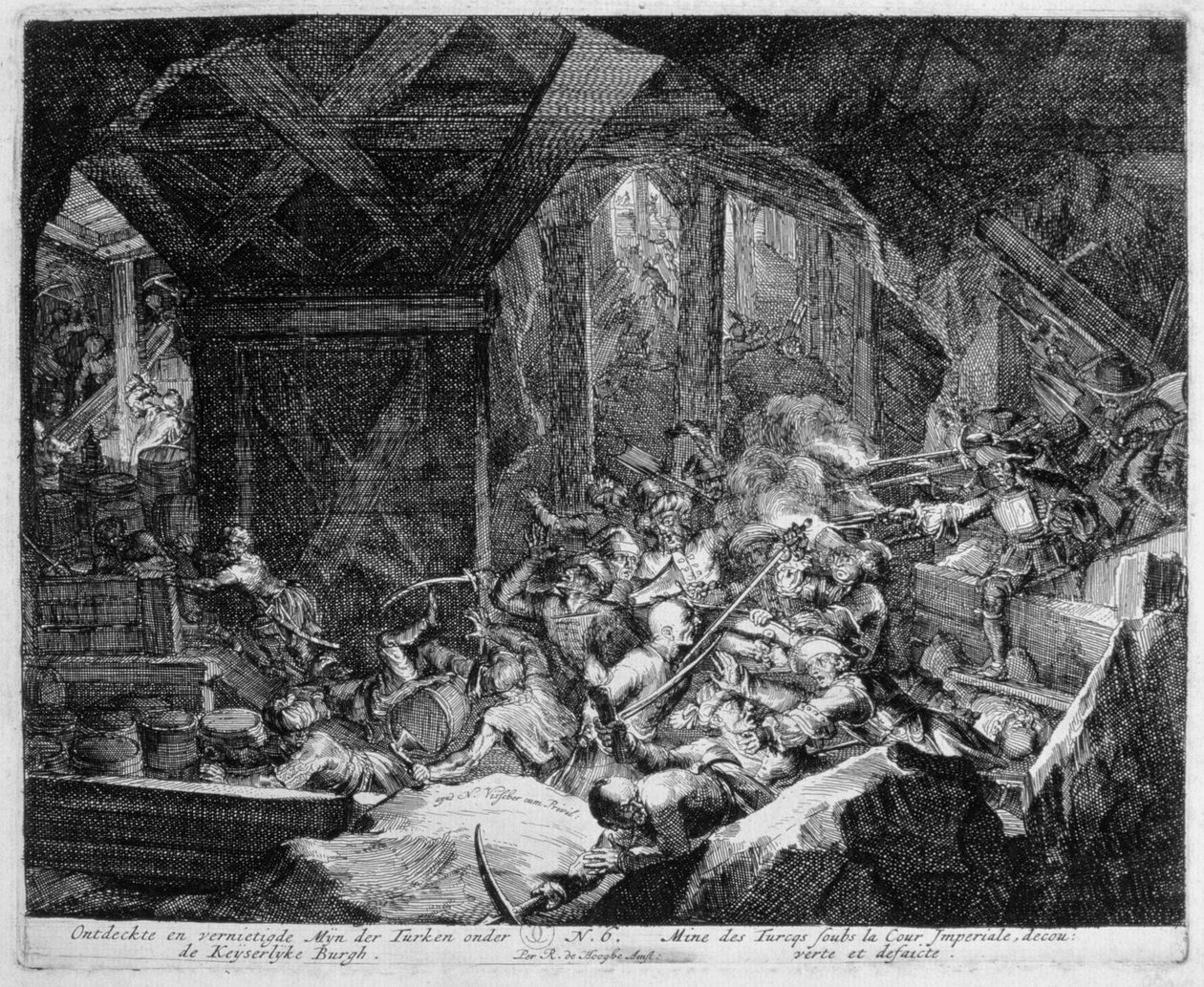 Cykl rycin wiedeńskich, Odkrycie i zniszczenie tureckiej kopalni pod Pałacem Cesarskim, 1683 autorstwa Romeyn de Hooghe