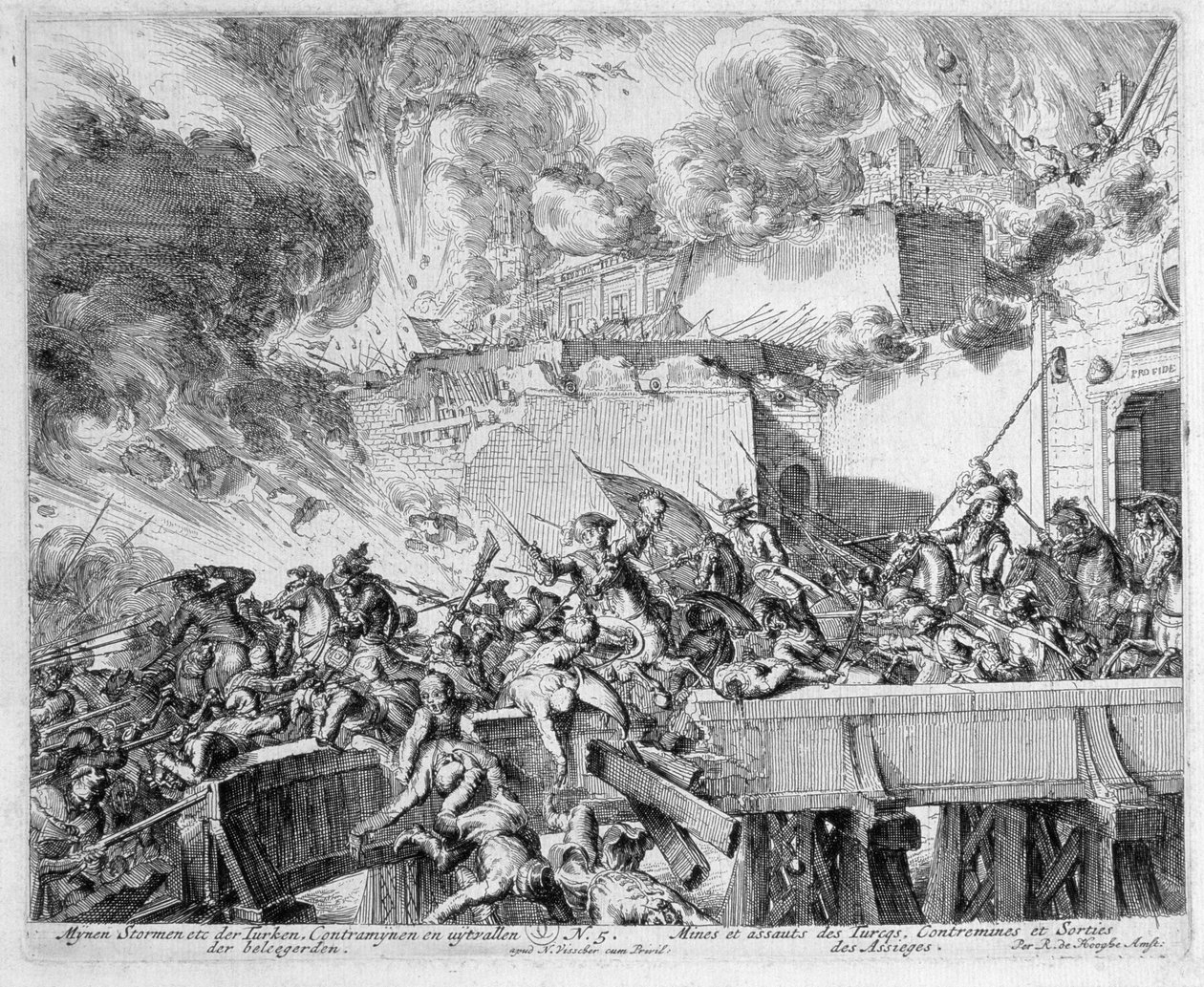 Cykl druków wiedeńskich, eksplozja miny i kontrmin, najazd na Turków, 1683 r. autorstwa Romeyn de Hooghe