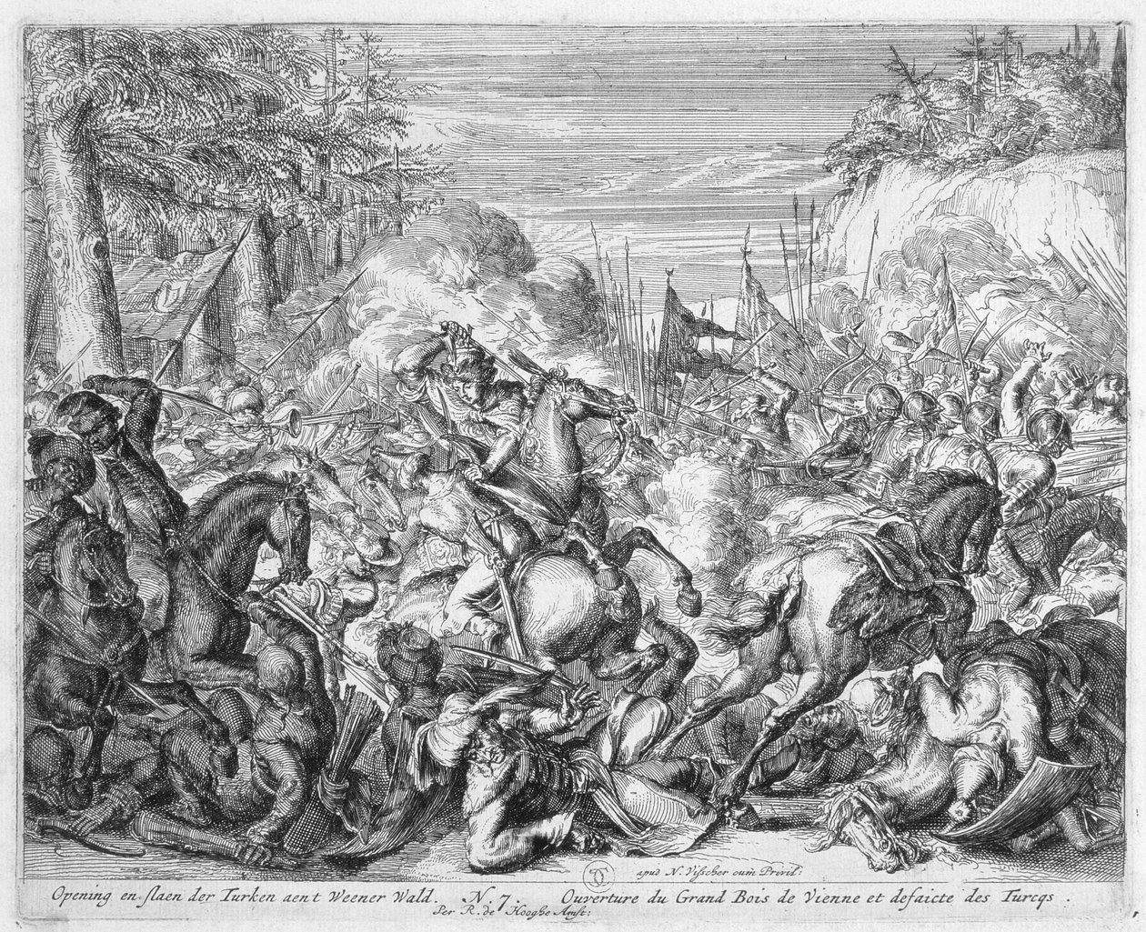 Cykl rycin wiedeńskich, polska kawaleria rozpoczyna bitwę w lesie wiedeńskim, 1683 autorstwa Romeyn de Hooghe
