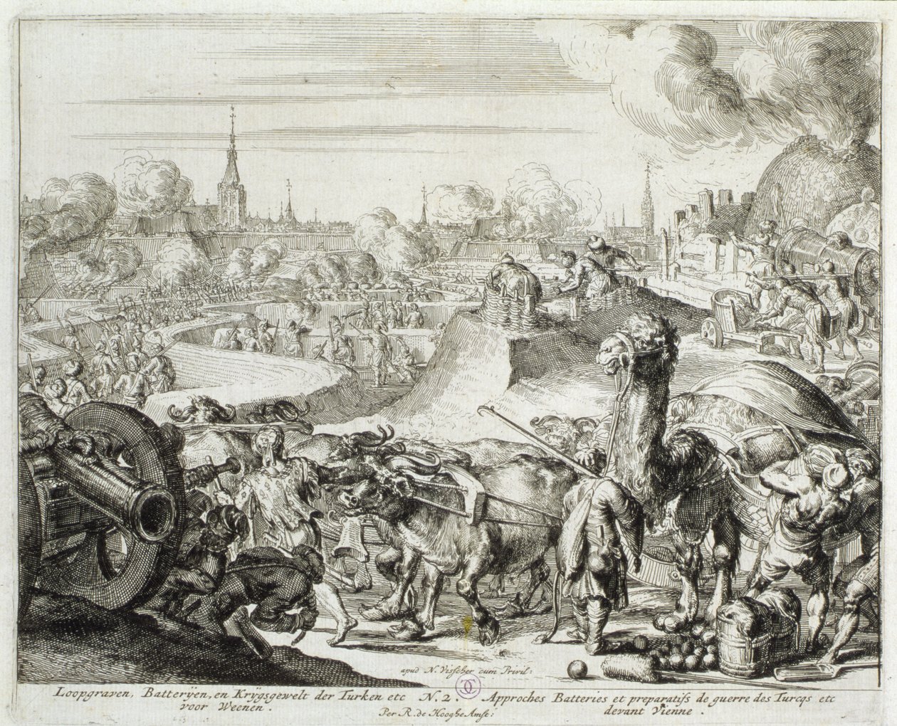 Wiedeński cykl graficzny, pozycja turecka w Wiedniu, 1683 autorstwa Romeyn de Hooghe