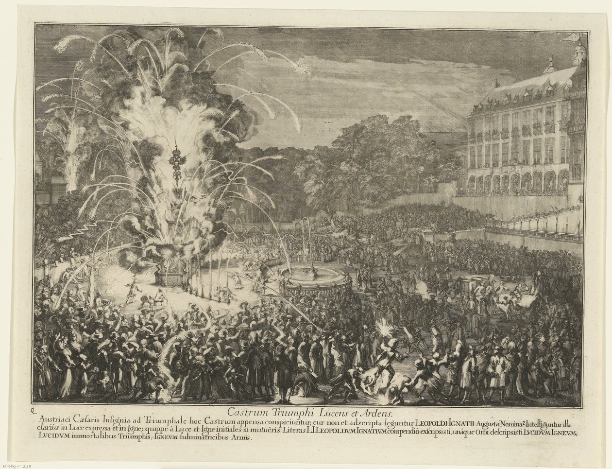 Fajerwerki w Ogrodzie Pałacowym, 1686 Castrum Triumphi Lucens et Ardens (tytuł na obiekcie) Wjazd Leopolda I do Brukseli po pokonaniu Turków, 1686 (tytuł serii) autorstwa Romeyn de Hooghe