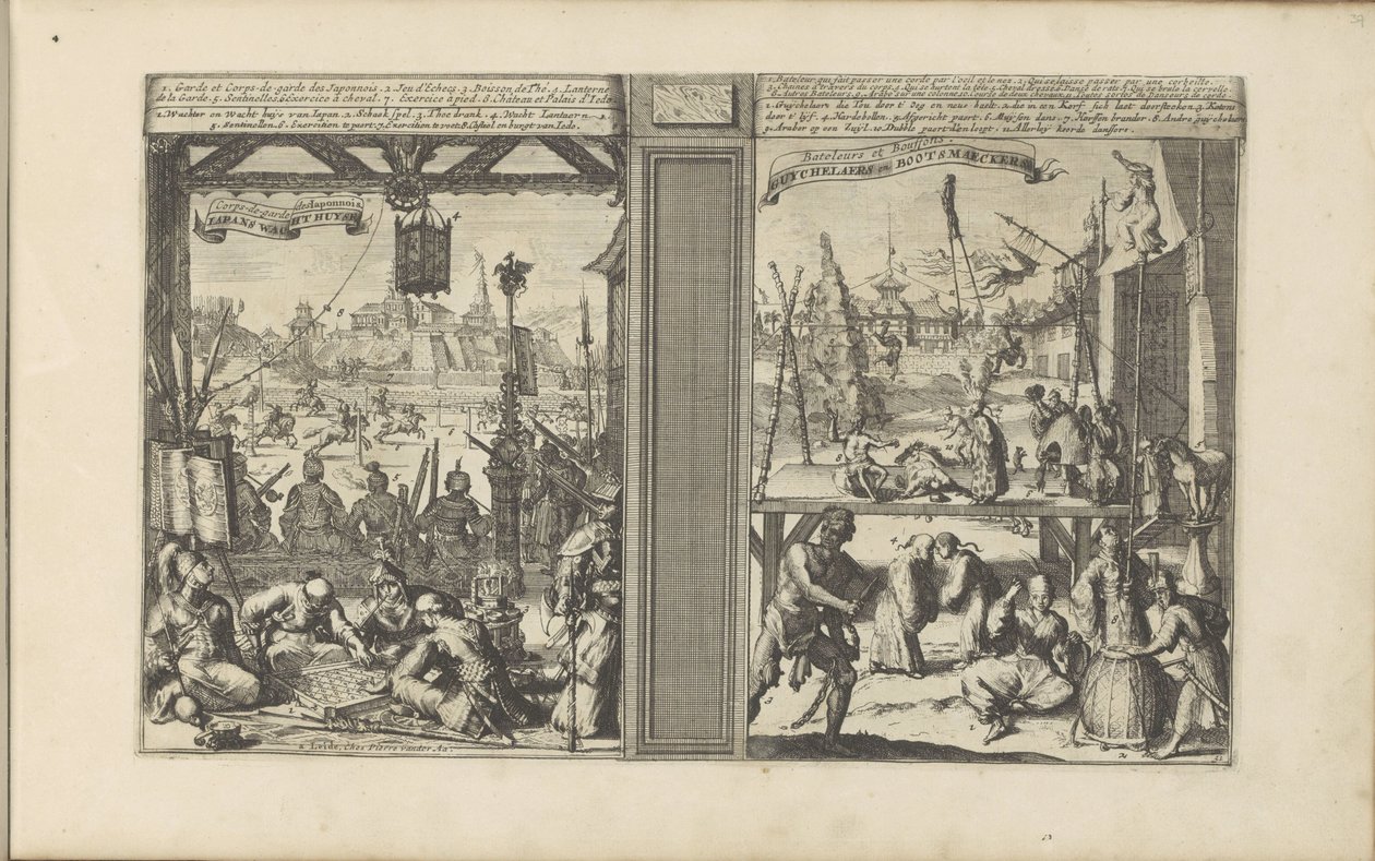 Wartownia w Japonii; Magowie i akrobaci Japans Wacht Huyse / Corps-de-garde des Japonnois // Guychelaers and Bootsmaeckers (tytuł na obiekcie) Les Indes Orientales et Occidentales et autres lieux (tytuł serii) autorstwa Romeyn de Hooghe