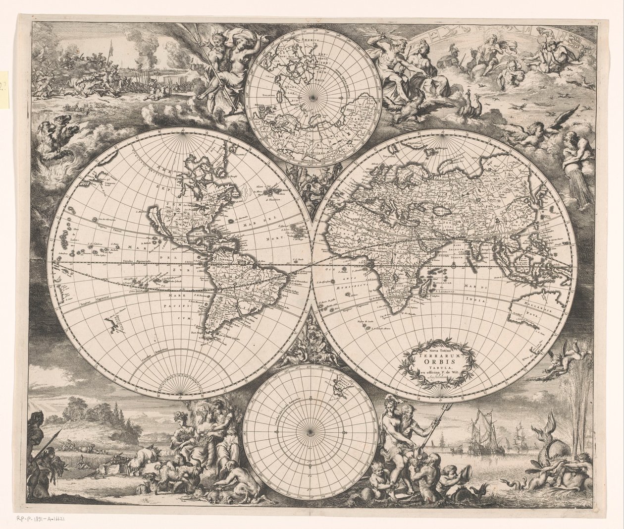Mapa świata z alegorią czterech żywiołów Nova totius terrarum orbis tabula (tytuł na obiekcie) autorstwa Romeyn de Hooghe