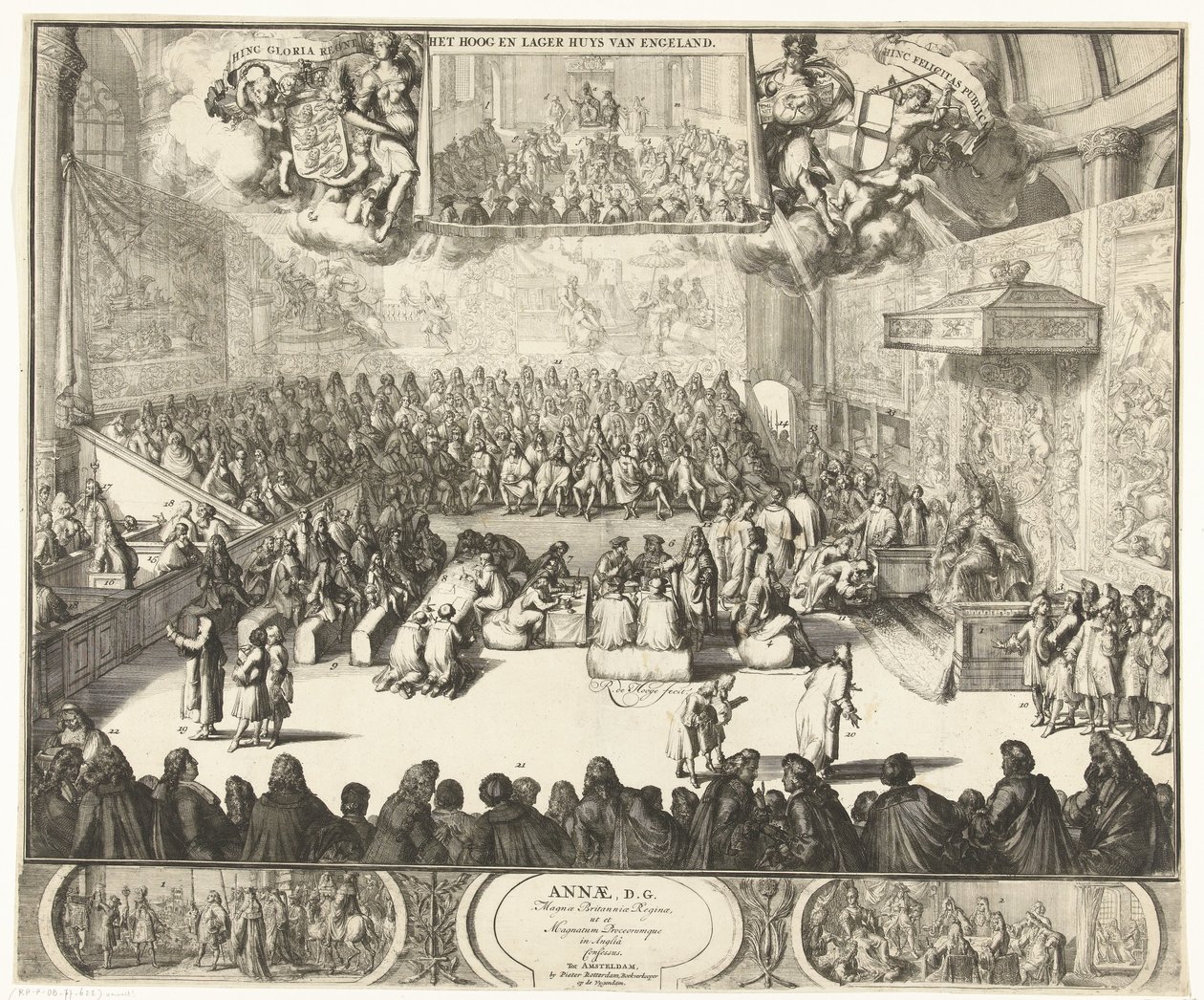 Zitting van het Lagerhuis met koningin Anna op de troon, 1702 Anna, D.G. Królowa Wielkiej Brytanii, a także wielcy książęta Anglii wyznani (tytuł na obiekcie) autorstwa Romeyn de Hooghe