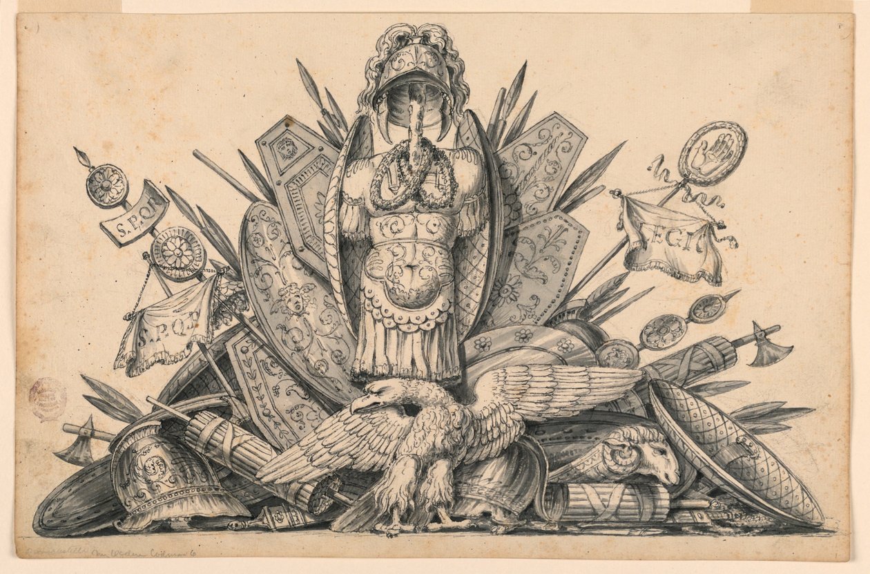 Rysunek, trofeum broni przeznaczone do wykonania w malarstwie, 1830-1850 autorstwa Romolo Achille Liverani