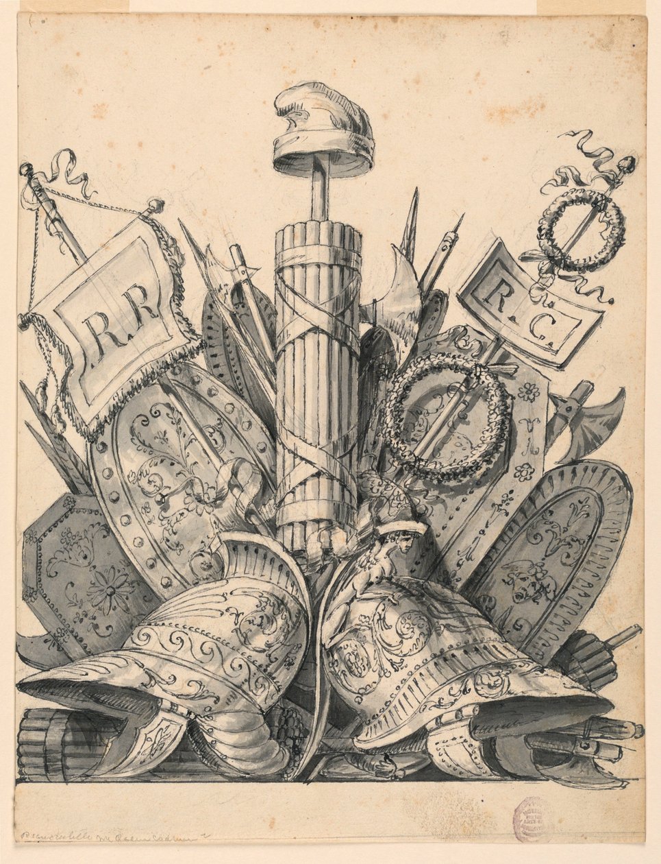 Rysunek, trofeum z broni, 1830-1850 autorstwa Romolo Achille Liverani
