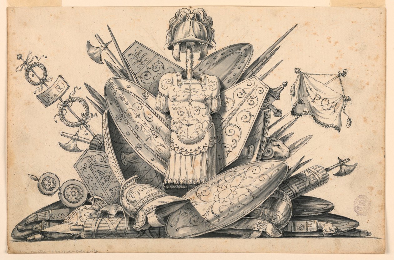 Rysunek, trofeum z broni, 1830-1850 autorstwa Romolo Achille Liverani