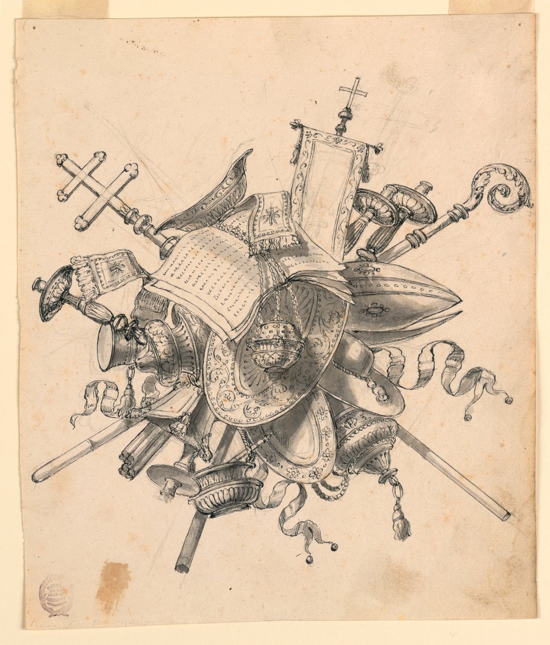 Rysunek, trofeum z obiektami kościelnymi, 1830-1850 autorstwa Romolo Achille Liverani