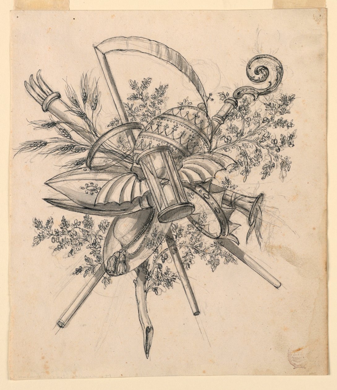 Rysunek, trofeum ze skrzydlatą klepsydrą, 1830-1850 autorstwa Romolo Achille Liverani