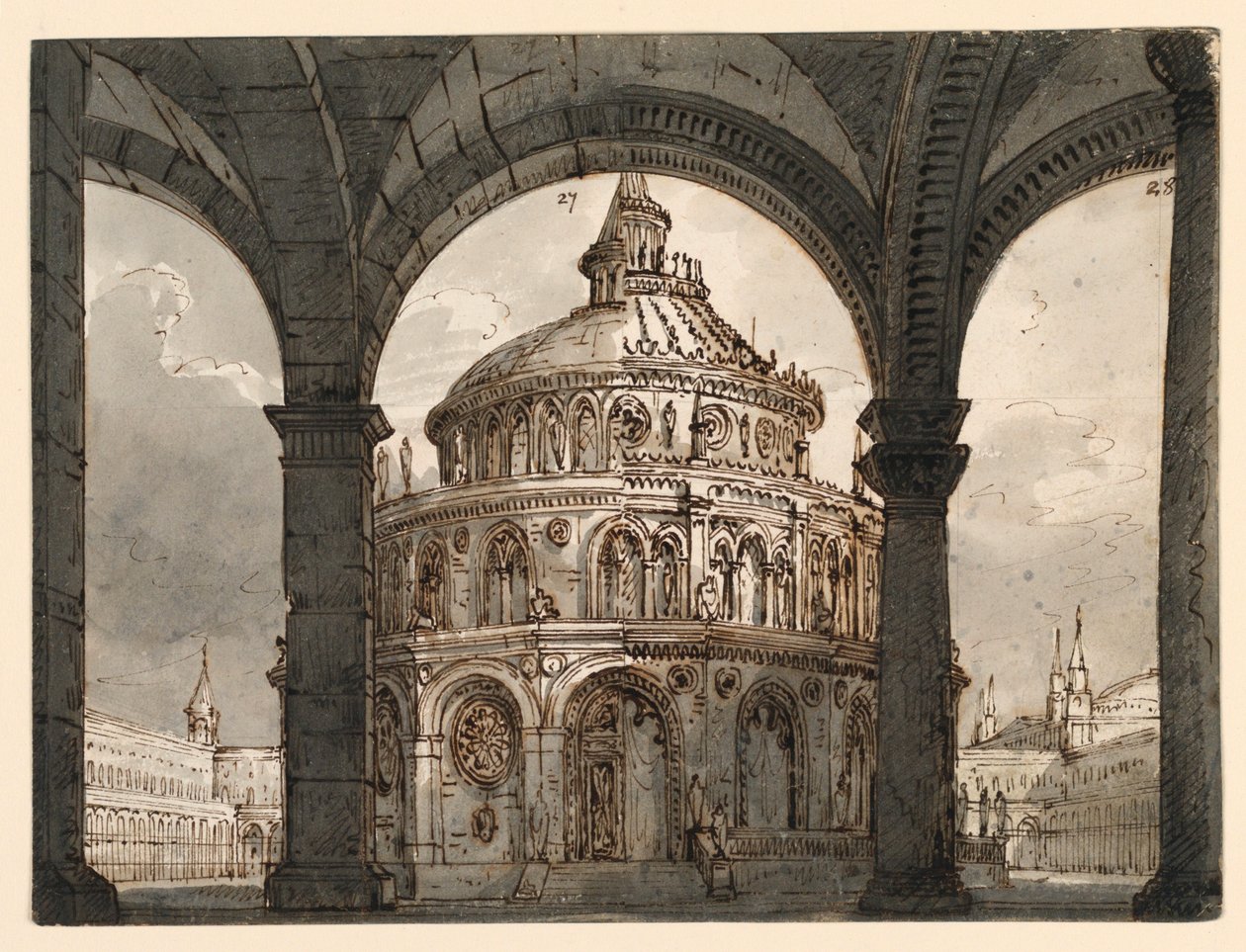 Scenografia, Atrium ze świątynią joannitów do opery „La Straniera” Vincenzo Belliniego autorstwa Romolo Achille Liverani