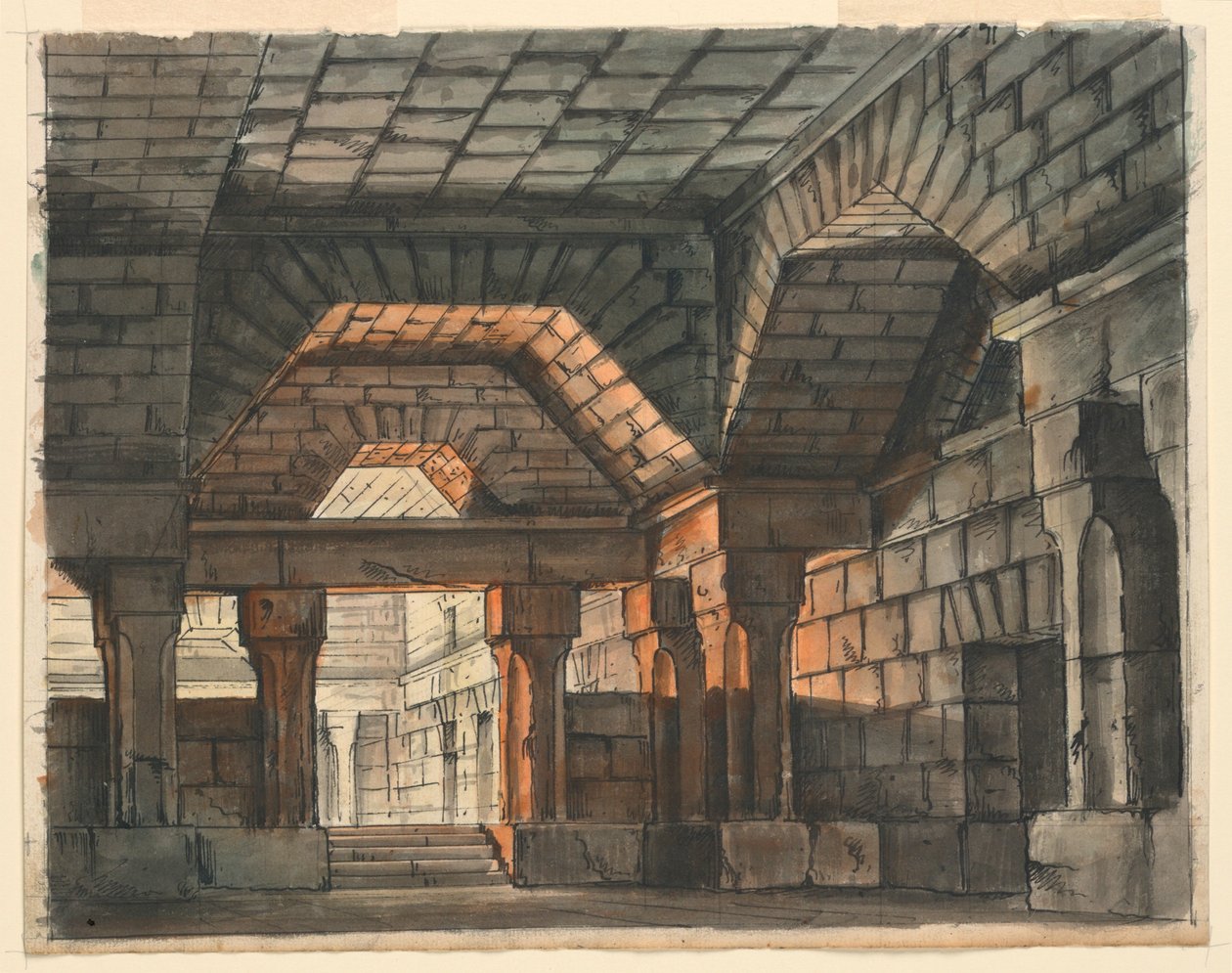 Scenografia, Wnętrze zamku warownego do „Ciro w Babilonii” Gioachino Rossiniego, La Scala, Mediolan, 1818, „Podziemne więzienie” autorstwa Romolo Achille Liverani