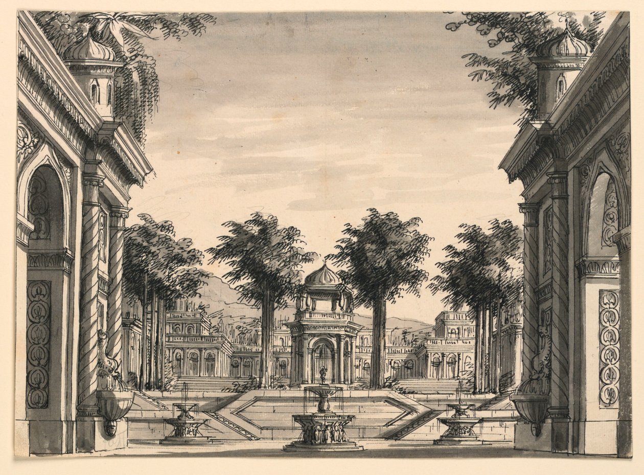 Scenografia, Ogród Pałacu Indyjskiego do baletu „Czyngis-chan” Luigi Henry autorstwa Romolo Achille Liverani