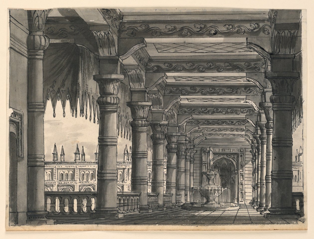 Scenografia, loggia z fontanną w orientalnym pałacu autorstwa Romolo Achille Liverani