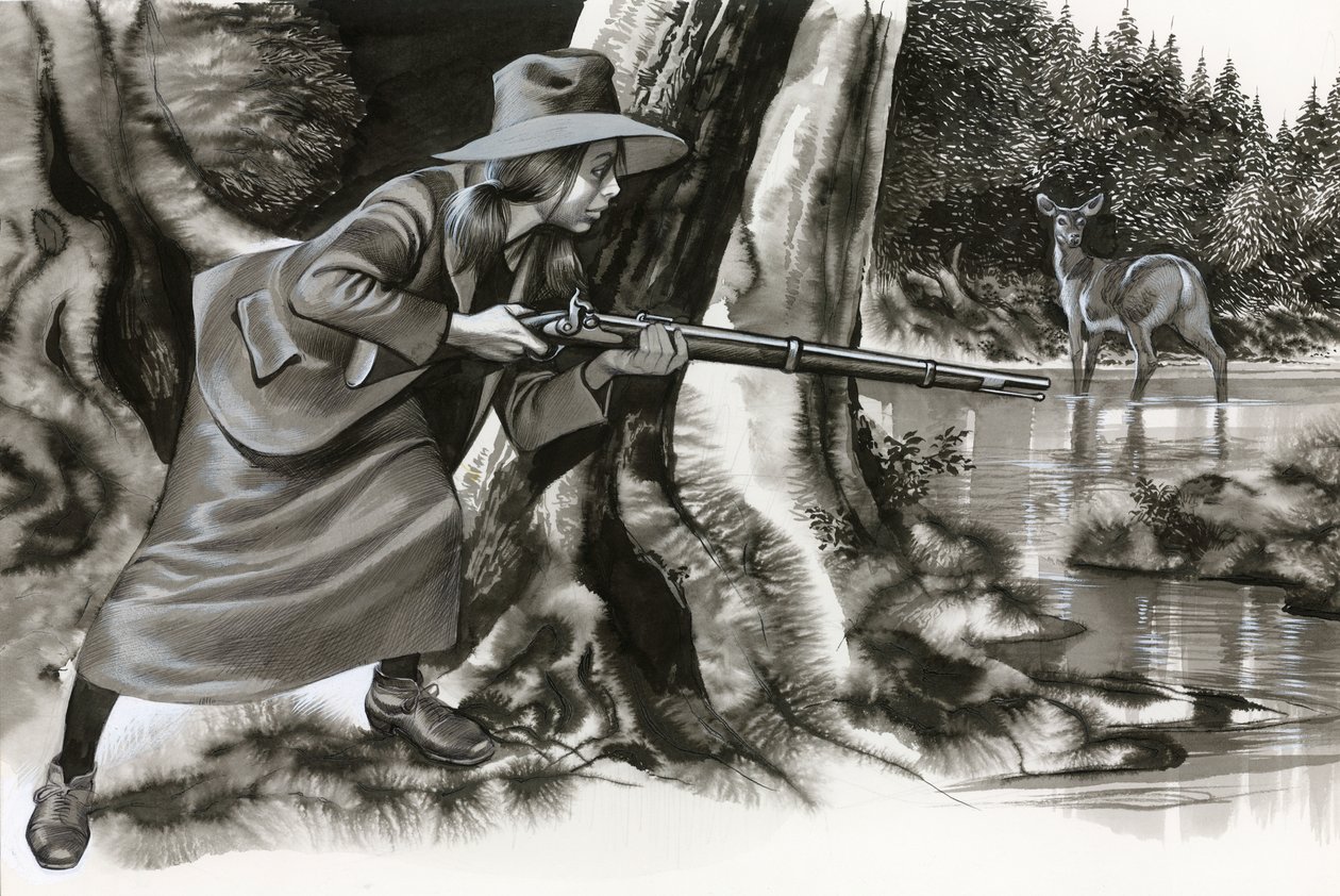 Annie Oakley strzelająca do kozła autorstwa Ron Embleton