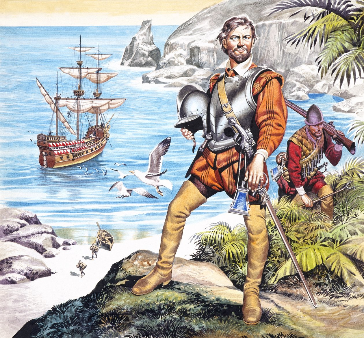 Francis Drake i Złoty Hind (gwasz na papierze) autorstwa Ron Embleton