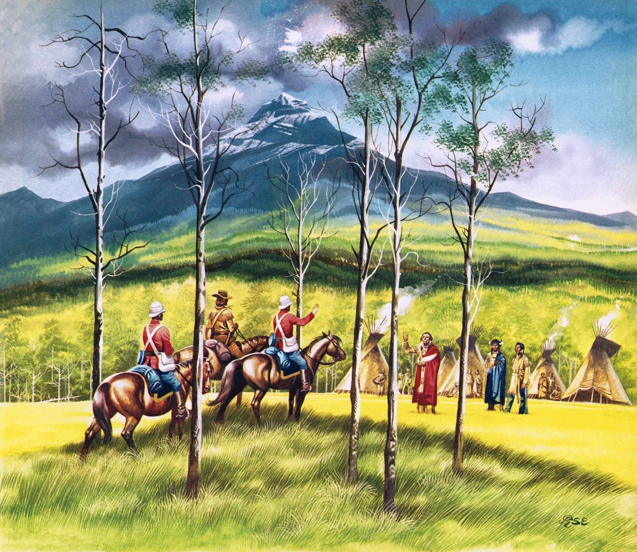 Mountie, James Walsh, spotyka Siedzącego Byka, by przekonać go o potrzebie pokoju. autorstwa Ron Embleton