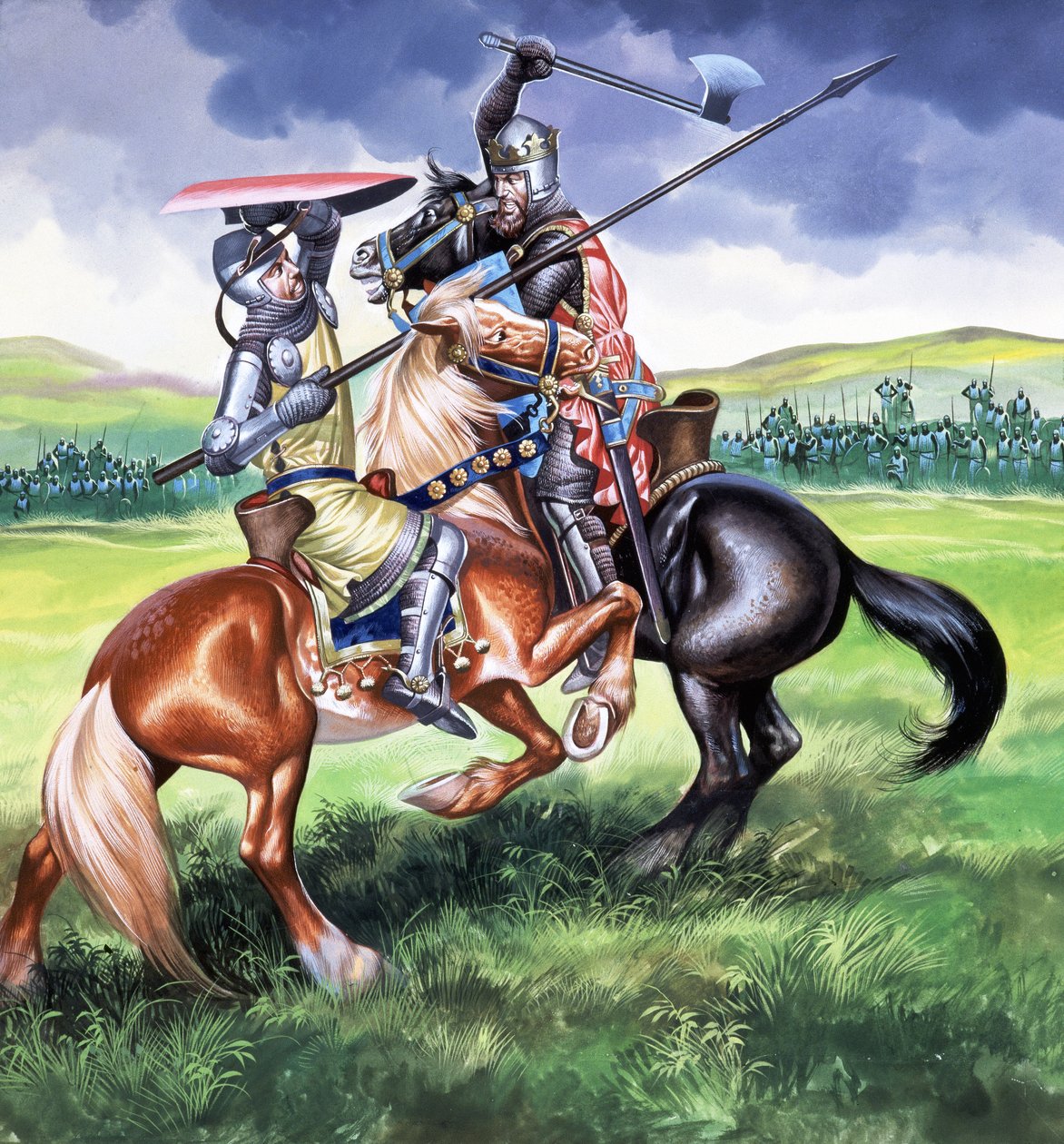 Robert Bruce, król Szkocji próbujący zabić sir Henryka de Bohum (gwasz na papierze) autorstwa Ron Embleton