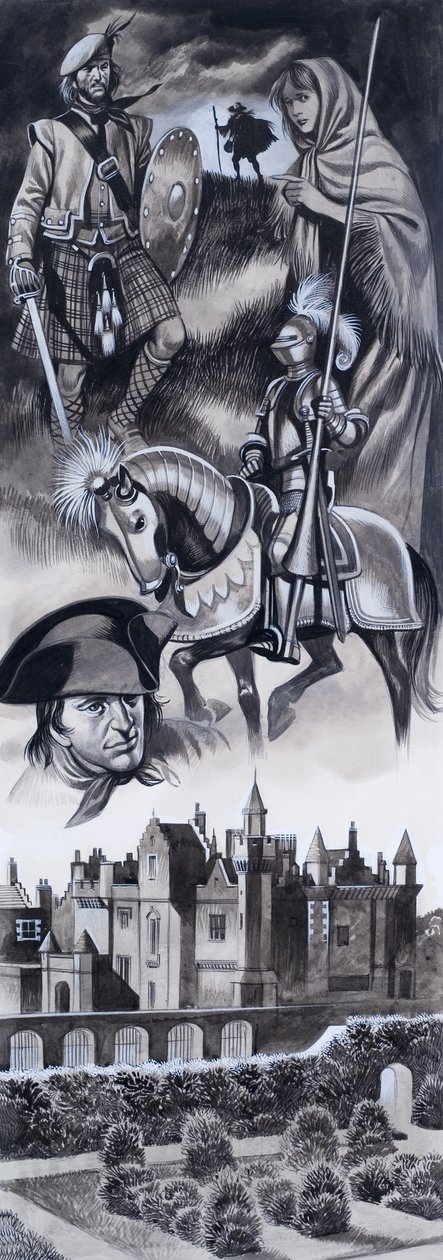 Szkocki zamek i osobistości ze szkockiej historii (gwasz na papierze) autorstwa Ron Embleton