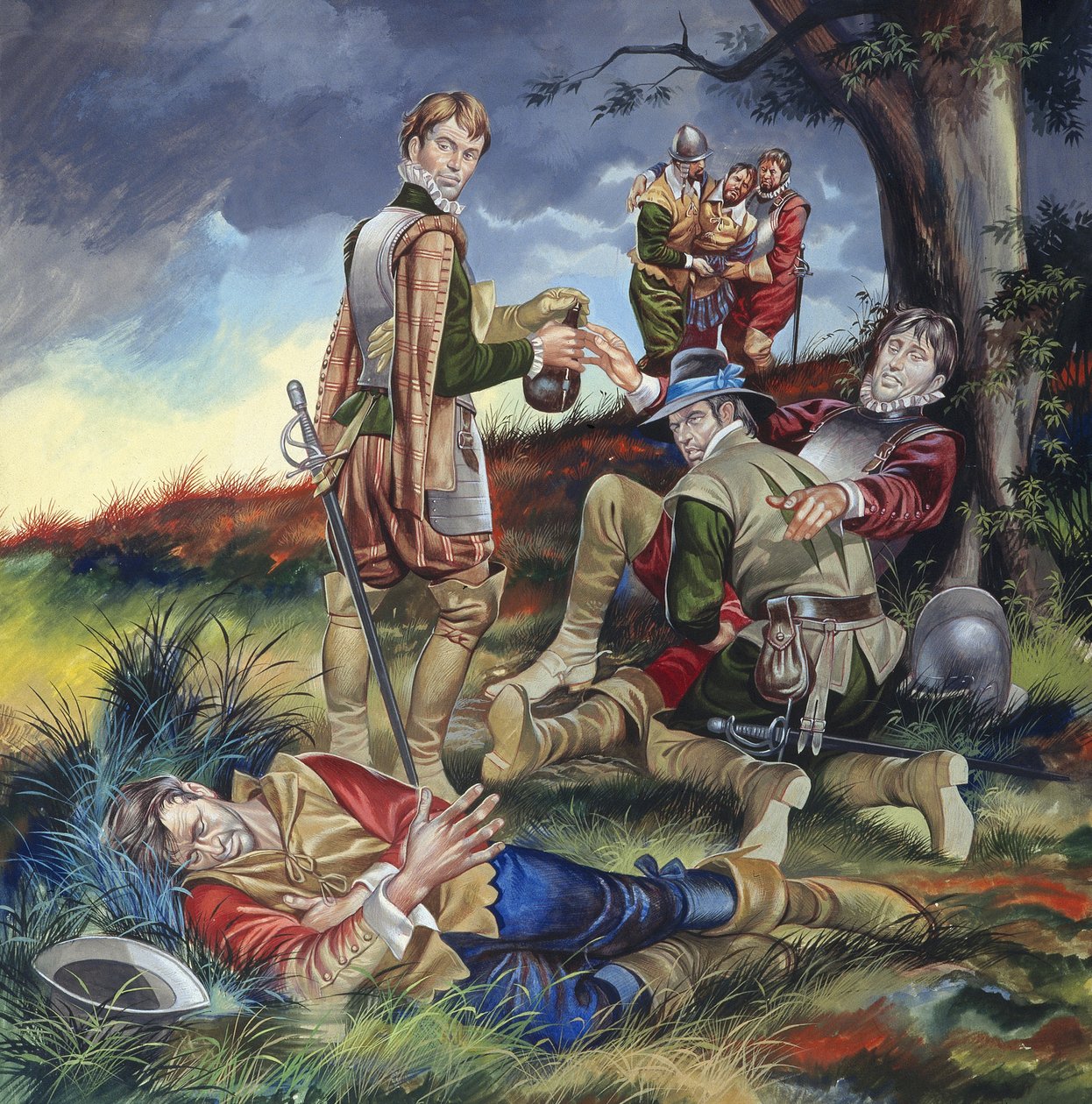 Sir Philip Sidney (1554-86) w bitwie pod Zutphen (gwasz na papierze) autorstwa Ron Embleton