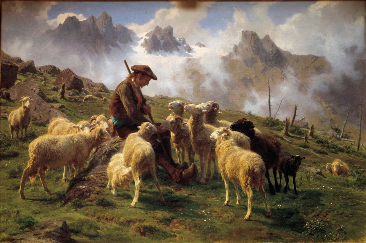 Owczarek alpejski dający sól swojej owcy Obraz Rosy Bonheur (1822-1899) 1864 Ndz. 0,68x1 m Chantilly, Musee Conde autorstwa Rosa Bonheur
