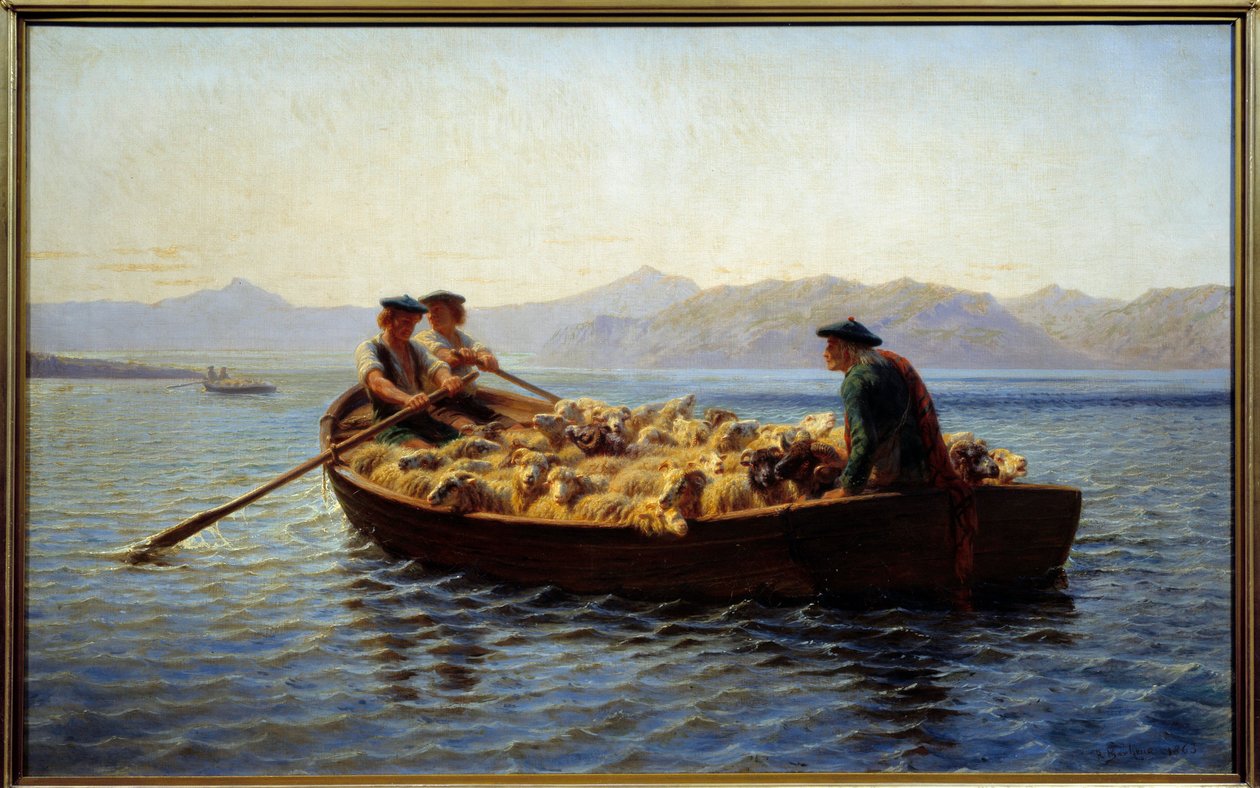 Zmiana wypasu. Pasterze wsiedli do stada owiec, aby zabrać je na drugi brzeg. Obraz Rosy Bonheur (1822-1899) autorstwa Rosa Bonheur