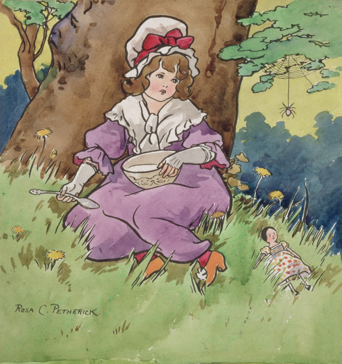 Mała Miss Muffet (akwarela na ołówku na desce kreślarskiej) autorstwa Rosa Petherick