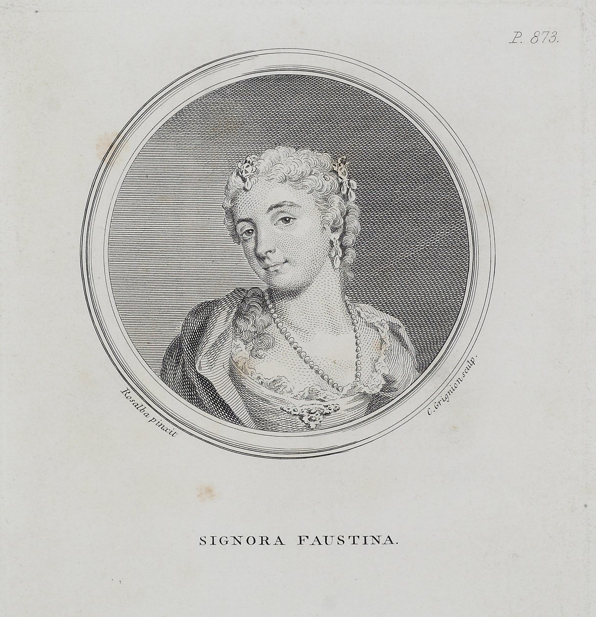 Signora Faustyna, z „Ogólnego słownika nauki i praktyki muzycznej” Sir Johna Hawkinsa, ryciny przez Charlesa Grigiona (1717-1810), 1776 autorstwa Rosalba Giovanna Carriera
